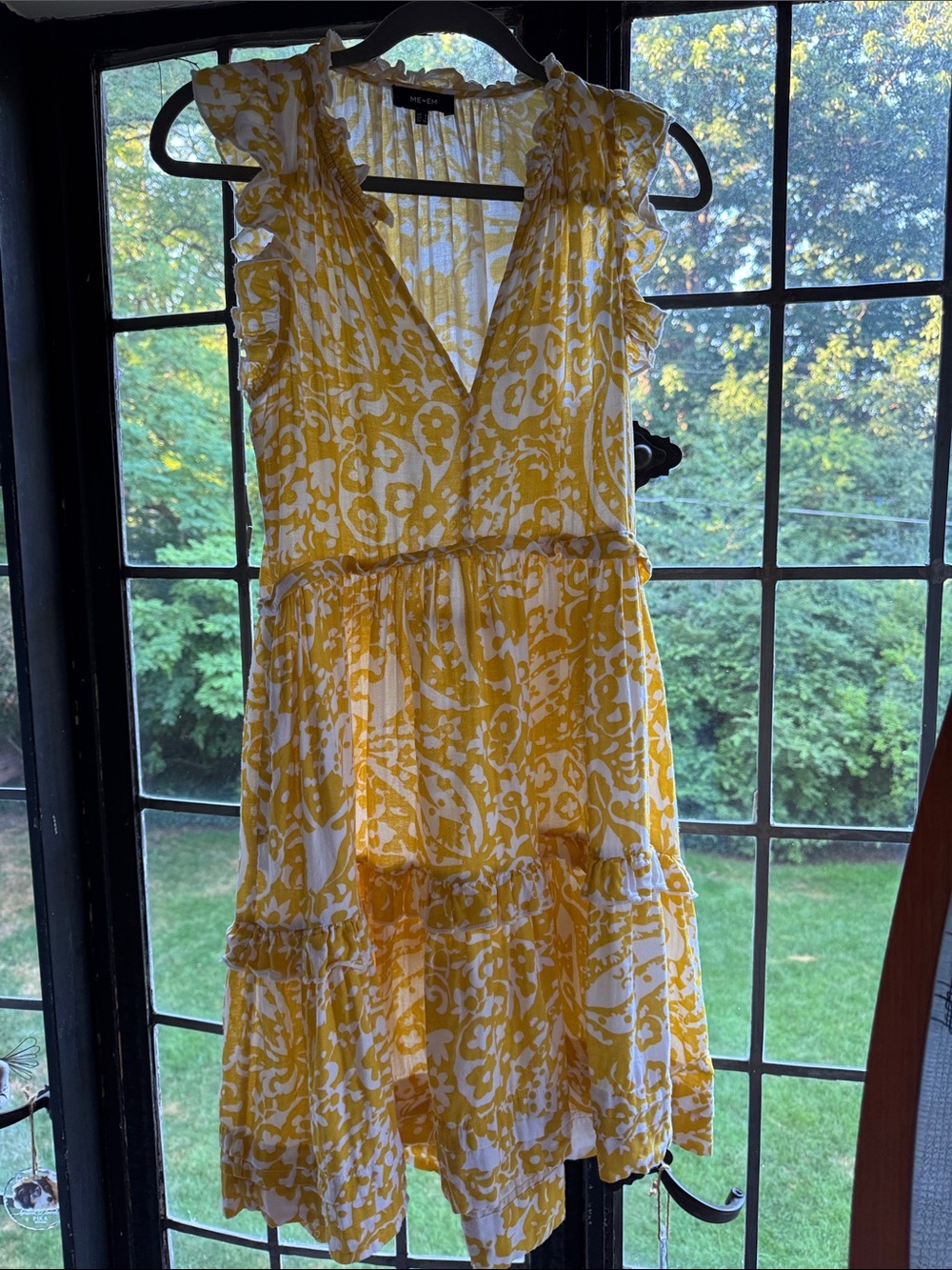 ME+EM Yellow and White Floral V-Neck Tiered Midi Dress